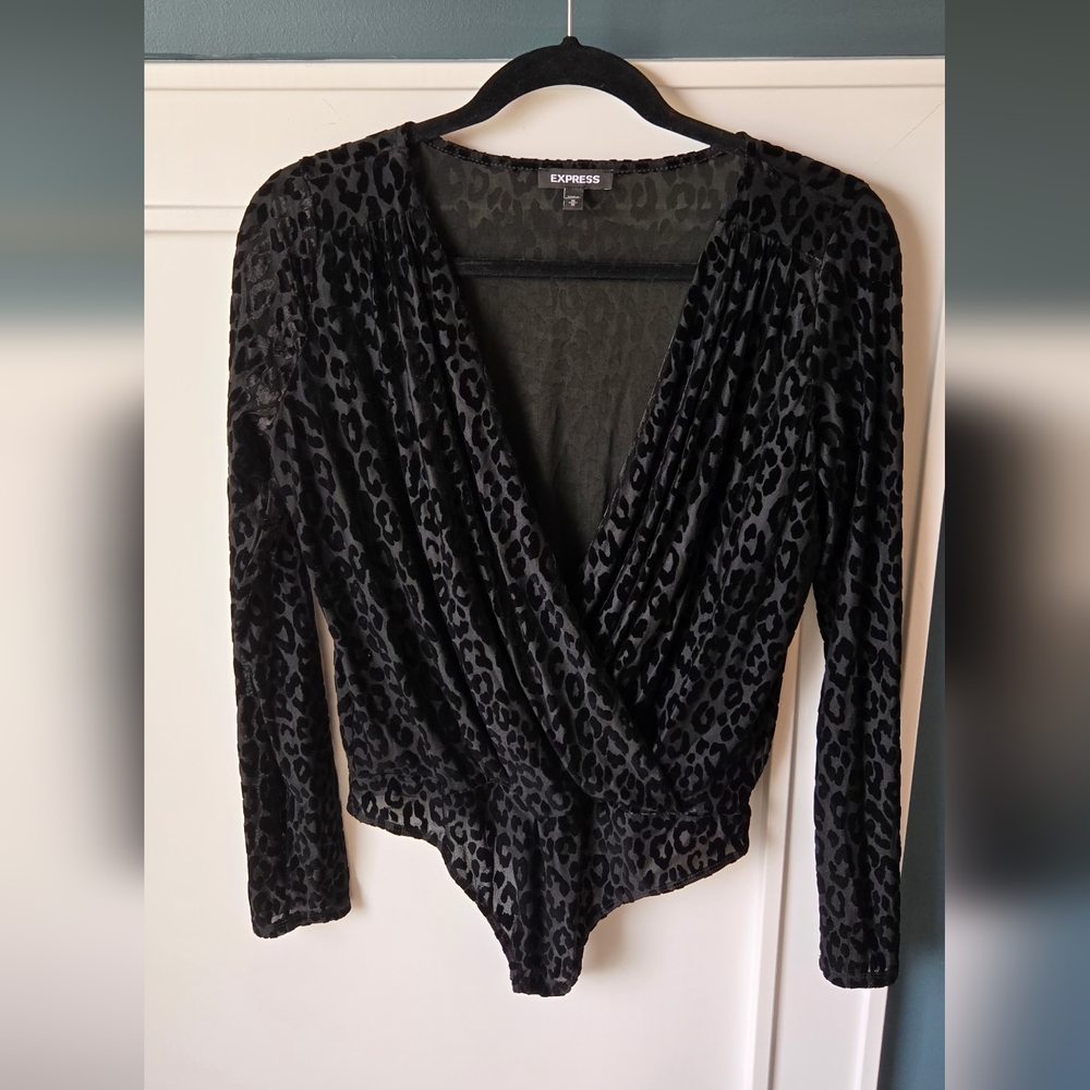 Express Black Velvet Leopard Print Bodysuit #49